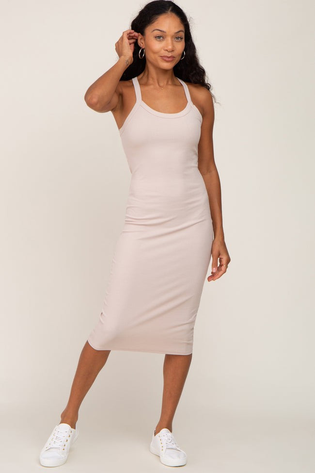 Cream Ribbed Fitted Sleeveless Dress | PinkBlush Maternity