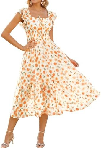 GRACE KARIN 2026 Women's Spring Floral Midi Dress Square Neck Beach Wedding Guest Dresses Flowy A... | Amazon (US)
