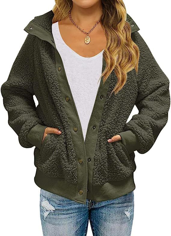 MEROKEETY Womens Winter Long Sleeve Button Sherpa Jacket Coat Casual Warm Fleece at Amazon Women'... | Amazon (US)