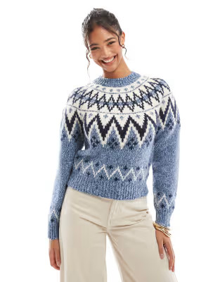 Bershka chunky Fairisle sweater in navy | ASOS (Global)
