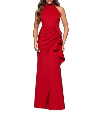 Halter Mock Neck Long Dress With Side Ruffle | Dillard's