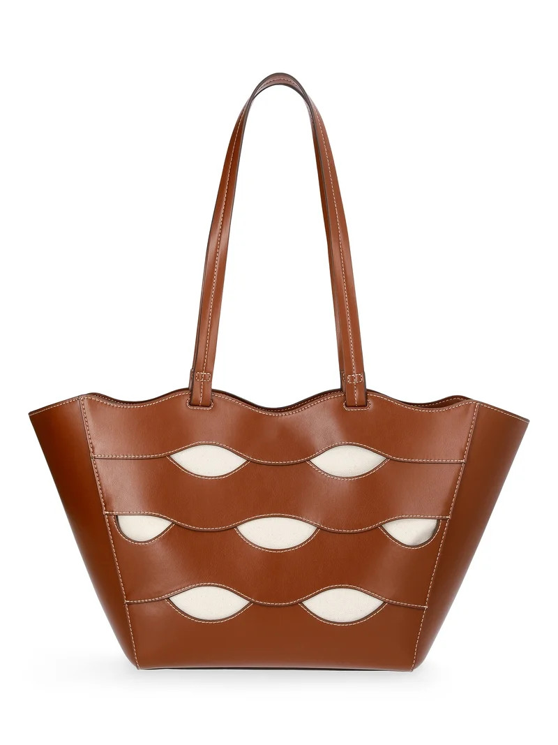 Free Assembly Women's Allegra Faux Leather Cut Out Tote Handbag, Cognac/Cream | Walmart (US)