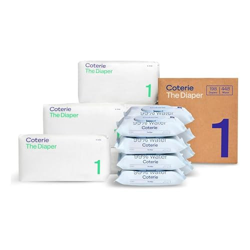 Coterie Baby Wipes + Diapers Kit, Size 1 Diapers (198 Count) & 8 Pack (448 Count) Baby Wipes with 99% Water, Plant Based Materials, Hypoallergenic for Sensitive Skin, Baby Essentials | Amazon (US)