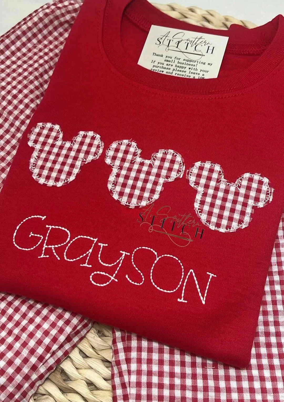 Red Gingham Mouse Trio Appliqué Shirt Short Set or Bubble - Etsy | Etsy (US)