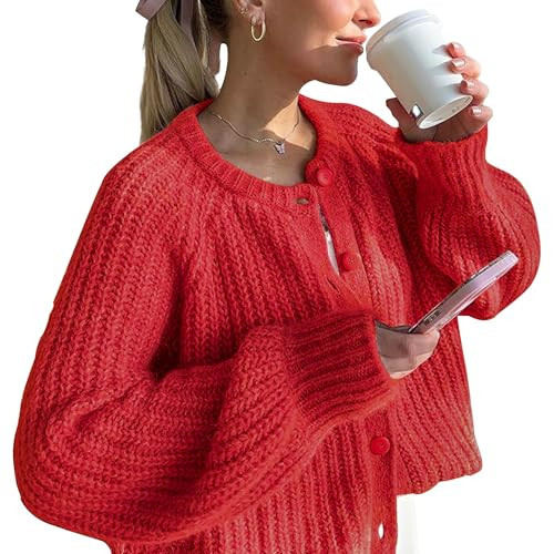 SeeLuNa Crochet Cardigan Sweaters for Women Tops Chunky Knitted Crew Neck Long Sleeve Button Down Jackets Open Front Coat(Red,M) | Amazon (US)