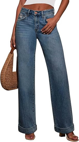 KUNMI Jeans for Women Wide Leg Baggy High Waist Boyfriends Straight Leg Stretchy Denim Pants Tren... | Amazon (US)