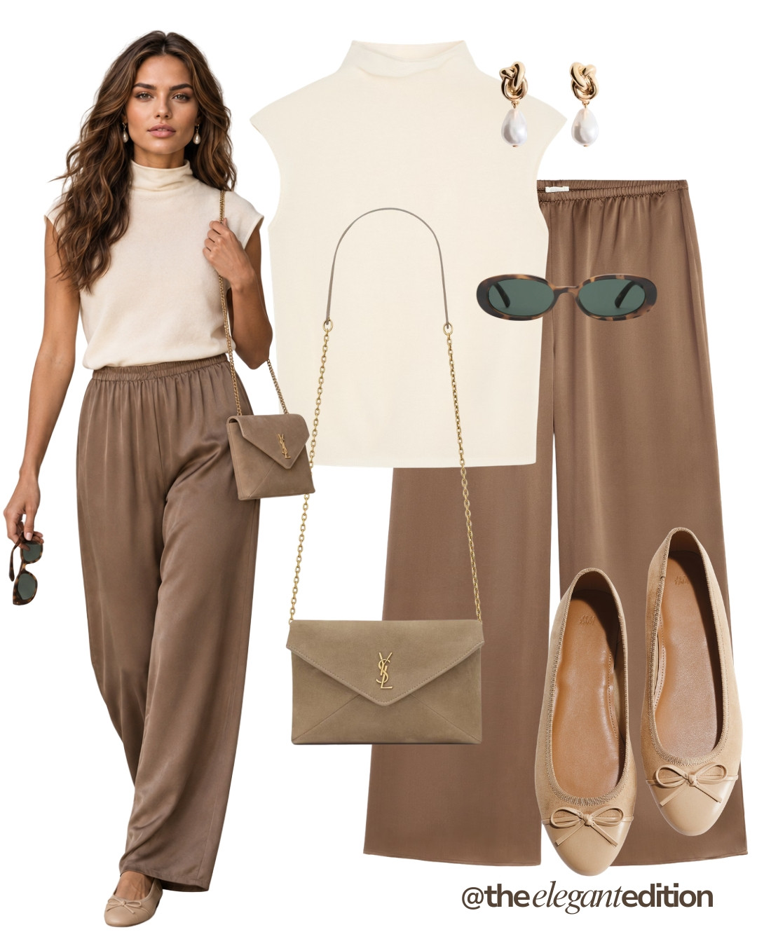 SATIN TROUSERS LOOK - Cream mock-neck top styled with mocha satin wide-leg trousers, an easy way to transition your summer wardrobe into pre-fall #satintrousers #widelegpants #balletflats #LTKautumn #LTKshoes #LTKstyletip 

 #LTKFashionMonth #LTKeurope #LTKautumn