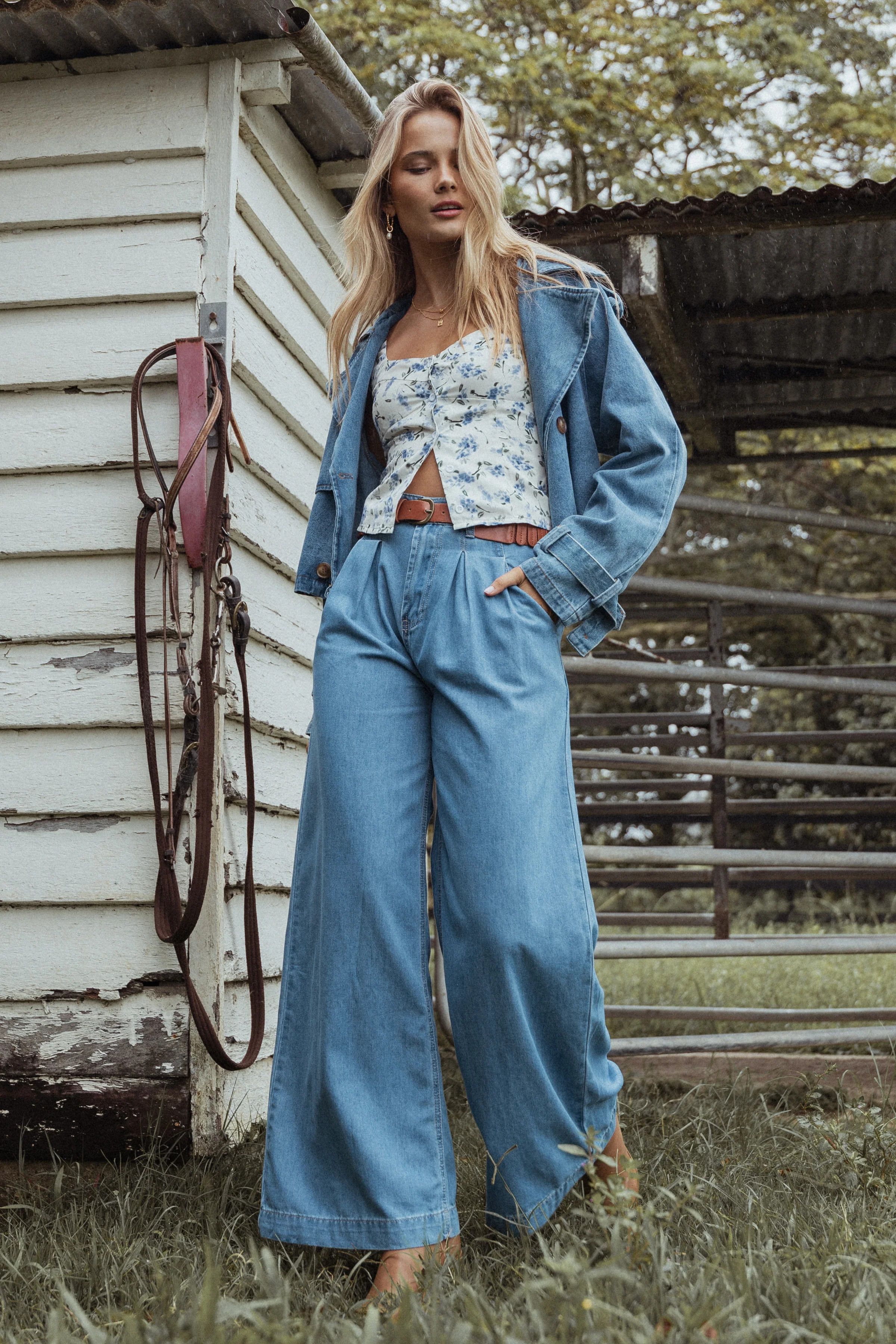 Rosalee Chambray Wide Leg Pant - Medium Denim | Petal & Pup (US)