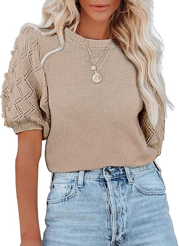 BTFBM Women's Crew Neck Pullover Sweaters Cute Dot Puff Short Sleeve Soft Casual Solid Color Loos... | Amazon (US)