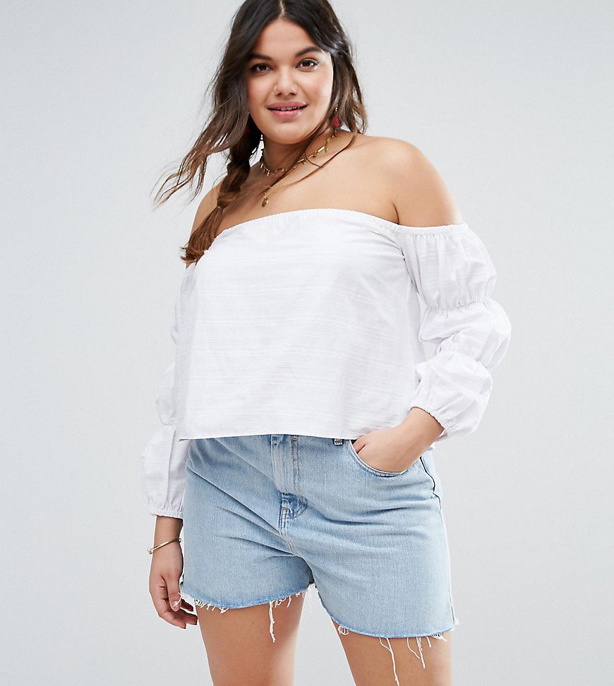 ASOS CURVE Off Shoulder Top In Self Stripe And Gathered Sleeve - Multi | ASOS US