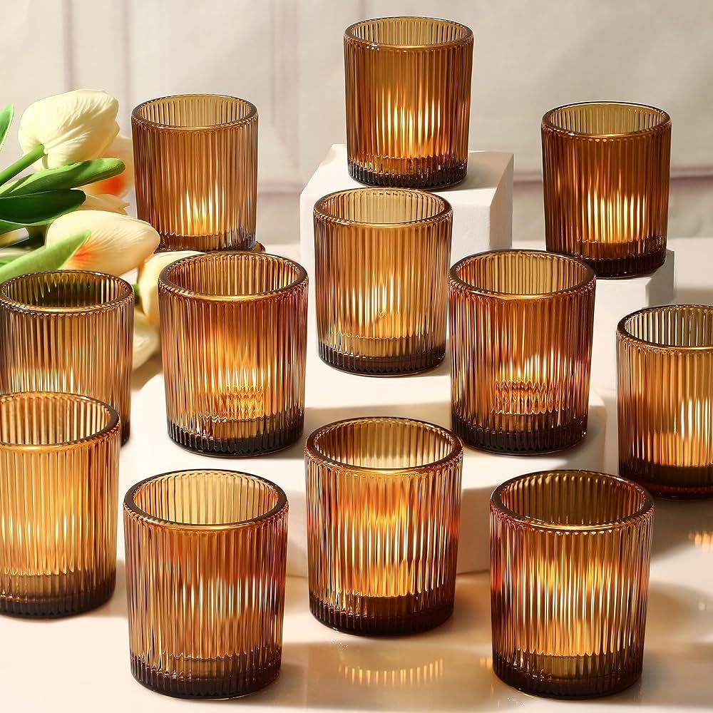 24 Pack Votive Candle Holders for Table Centerpieces, Amber Glass Tea Lights Candle Holders for W... | Amazon (US)