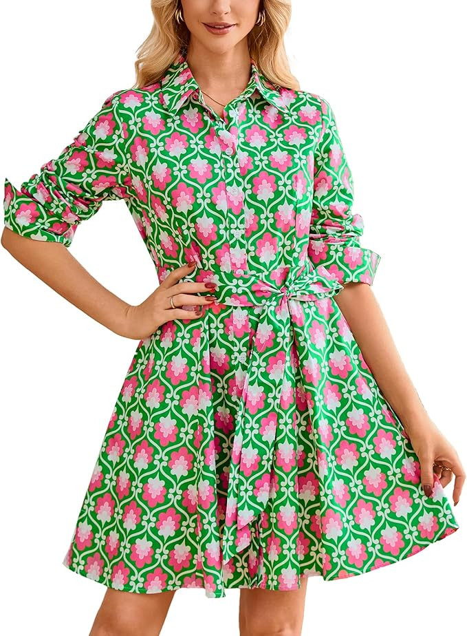 Women's Printed Button Down Shirt Dress Long Sleeve Collared V-Neck Belted Mini Dress with Pocket... | Amazon (US)