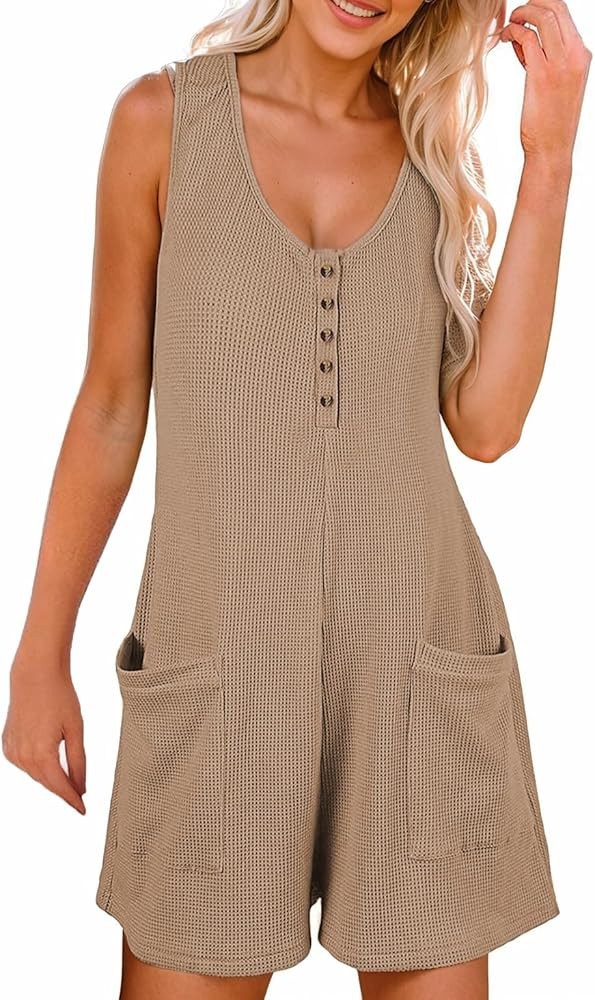 AlvaQ Womens Short Jumpsuits Solid Color Summer Casual Waffle Button Front Sleeveless Rompers wit... | Amazon (US)