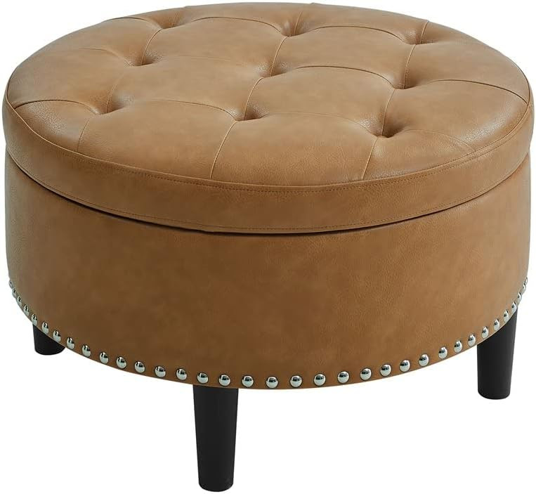 Partner Furniture 30" Round Faux Leather Tufted Storage Ottoman in Light Brown | Amazon (US)