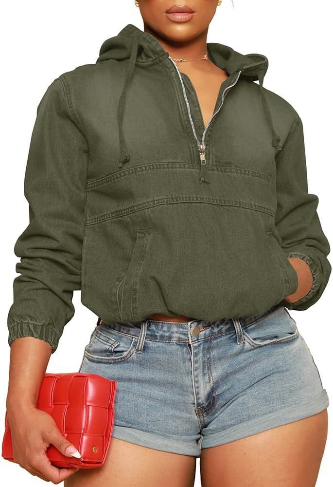 Women's Half Zip Denim Hoodie Pullover Jackets Jean Tops | Amazon (US)