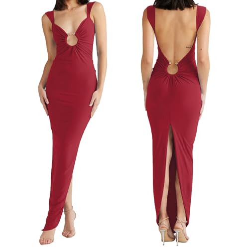 Women Sexy Backless Dress V Neck Sleeveless Open Back Split Maxi Dress Party Cocktail | Amazon (US)