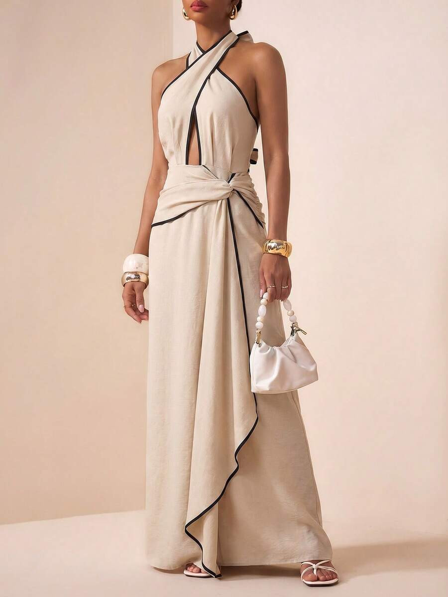 Zivah Black And Beige Summer Elegant Vacation Women's Crossed Neck Ruffle Hem Contrast Color Dres... | SHEIN