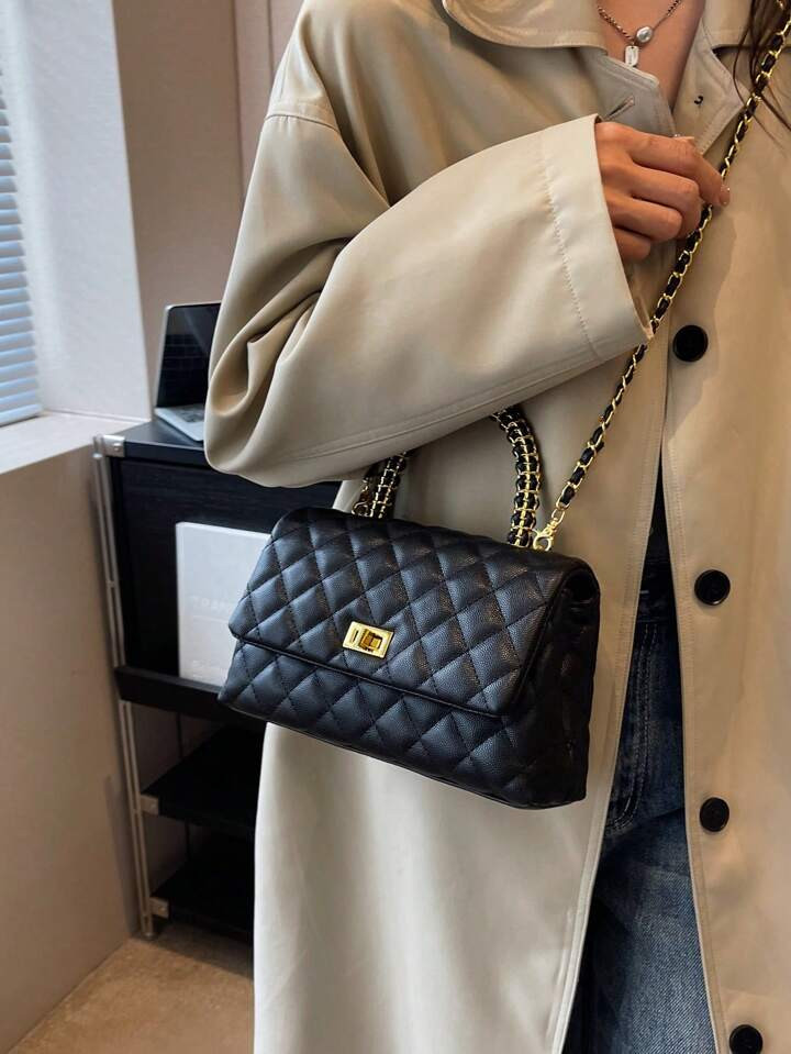 Quilted Square Bag Black Flap Chain Strap For Daily | SHEIN