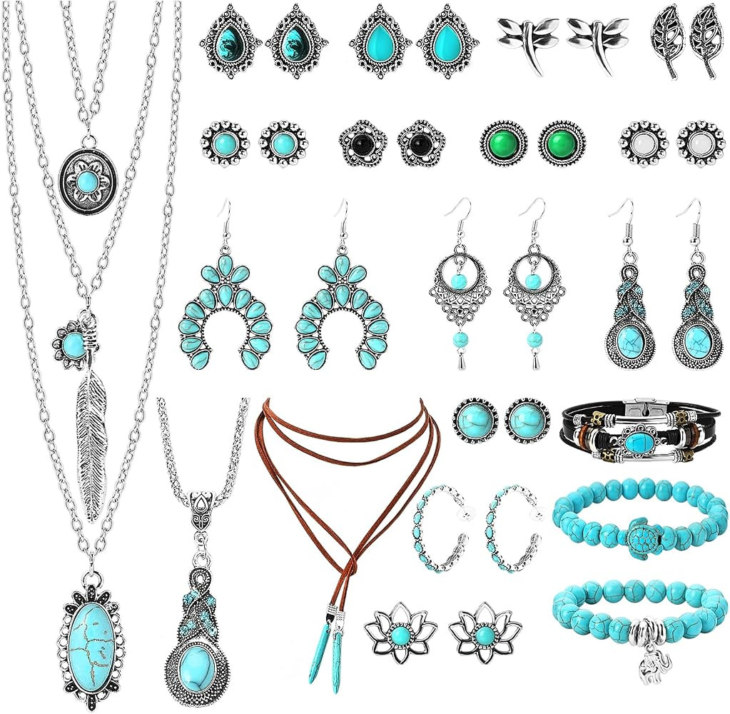 NEWITIN 52 Pcs/22 Pcs/13 Pcs Western Jewelry for Women Turquoise Jewelry Set Include Turquoise Pe... | Amazon (US)
