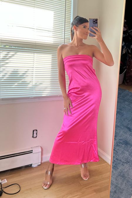Wait till you see the back of the dress!!! I got so many compliments all nigh on this and it was SO comfortable. Comes in do many different colors! Im wearing the small! 

#weddingguestdress
#fallwedding
#barbie
#pinkdress
#straplessdress
#dress
#cocktail
#wedding
#gown
#satindress
#maxidress
#clearheels
#nudeheels

#LTKstyletip #LTKfindsunder50 #LTKwedding