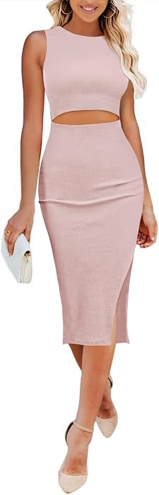 Pink Queen Women's Dresses Crew Neck Sleeveless Cutout Side Slit Bodycon Midi Party Dress | Amazon (US)