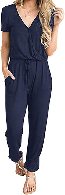 PRETTYGARDEN Women's Summer Casual Deep V Neck Short Sleeve Wrap Drawstring Waist Jumpsuit Romper | Amazon (US)