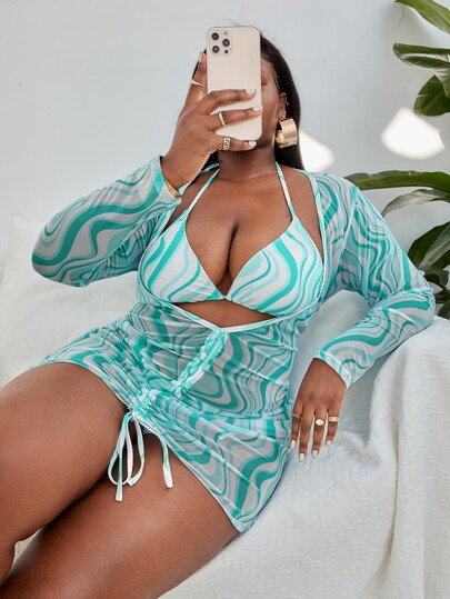 3pack Plus Abstract Wave Print Triangle Bikini Swimsuit & Cover Up | SHEIN