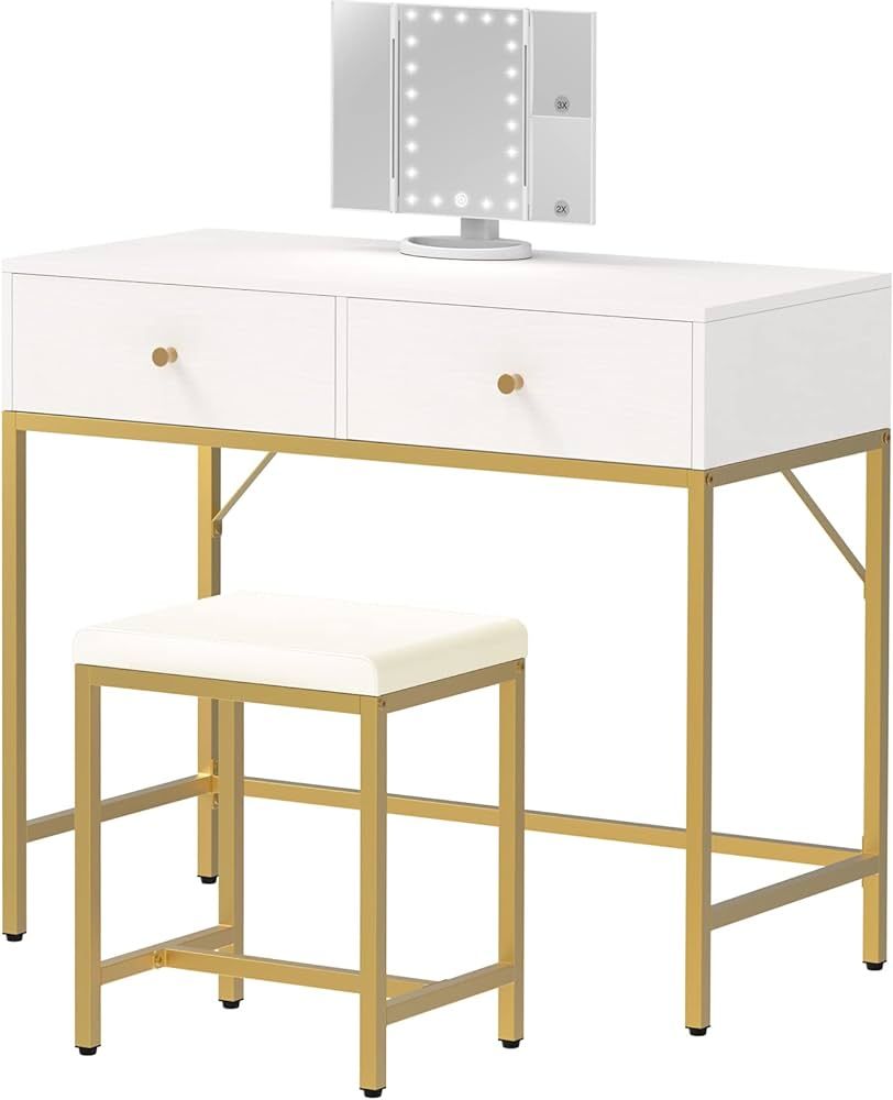 SUPERJARE Vanity Desk, Makeup Vanity with Stool & Tri-fold Lighted Mirror, Vanity Table Set with ... | Amazon (US)