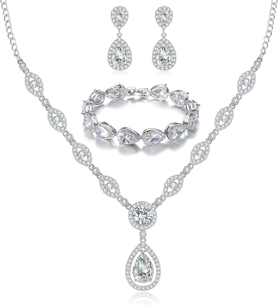 GULICX AAA Cubic Zirconia CZ Silver Plated Base Women's Party Jewelry Set Earrings Pendant Neckla... | Amazon (US)