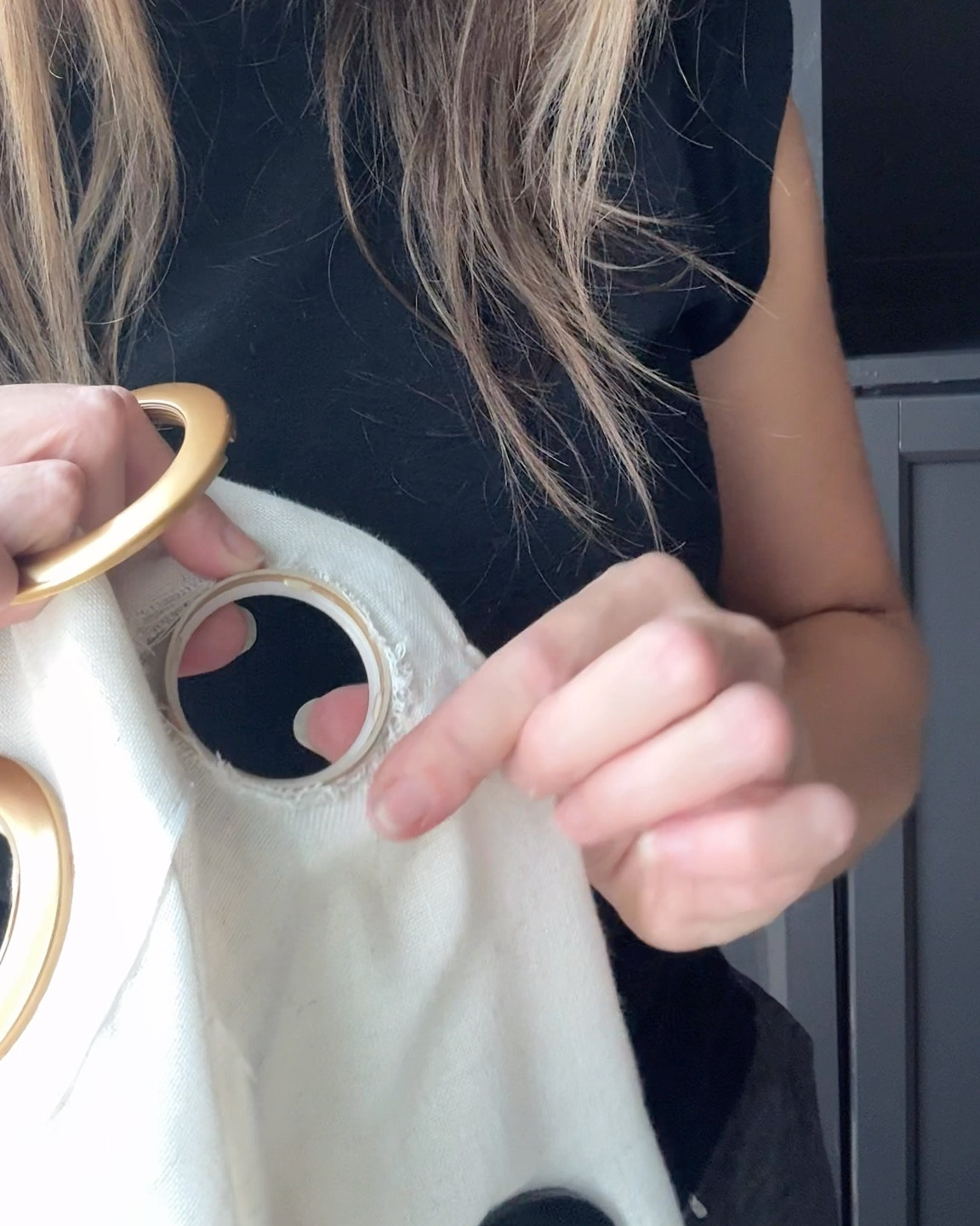 Finishing up the office details today ✨ Added gold grommet rings to my linen curtains and re-hung the faux wood curtain rod. Used a ¼” drill bit for the drywall anchors, popped them in, and secured the hooks — easy little upgrade that makes the whole space feel elevated. Everything’s linked for you on here! 🖤

#LTKHome