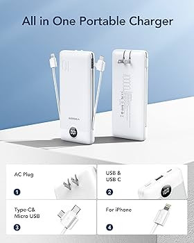 VEGER Portable Charger for iPhone Built in Cables and Wall Plug, 10000mah Slim Fast Charging USB ... | Amazon (US)