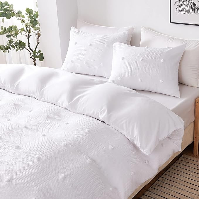 Waffle Duvet Cover Queen Size White Pom Pom Duvet Cover Set 3 Pieces, Soft Breathable Comforter C... | Amazon (US)