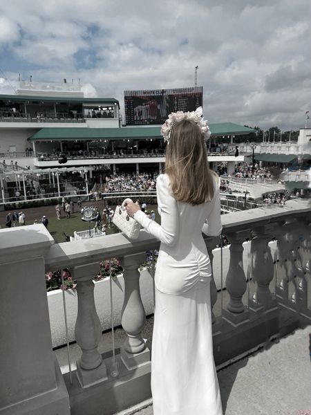 Wore this Alessandra Rich dress to the derby in a size 38. Would be beautiful for a wedding weekend if you’re the bride, or an anniversary celebration. 