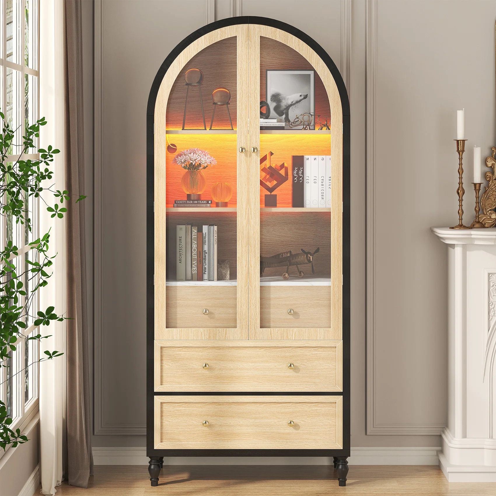 73 Inch Tall Arched Cabinet, Arched Storage Cabinet With Doors, Black-Oak Arched Pantry, LED Ligh... | Walmart (US)