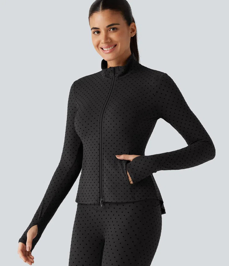 Halara UltraSculpt\u2122 Stand Collar Long Sleeve Thumb Hole Pleated Polka Dot Yoga Jacket with P... | HALARA