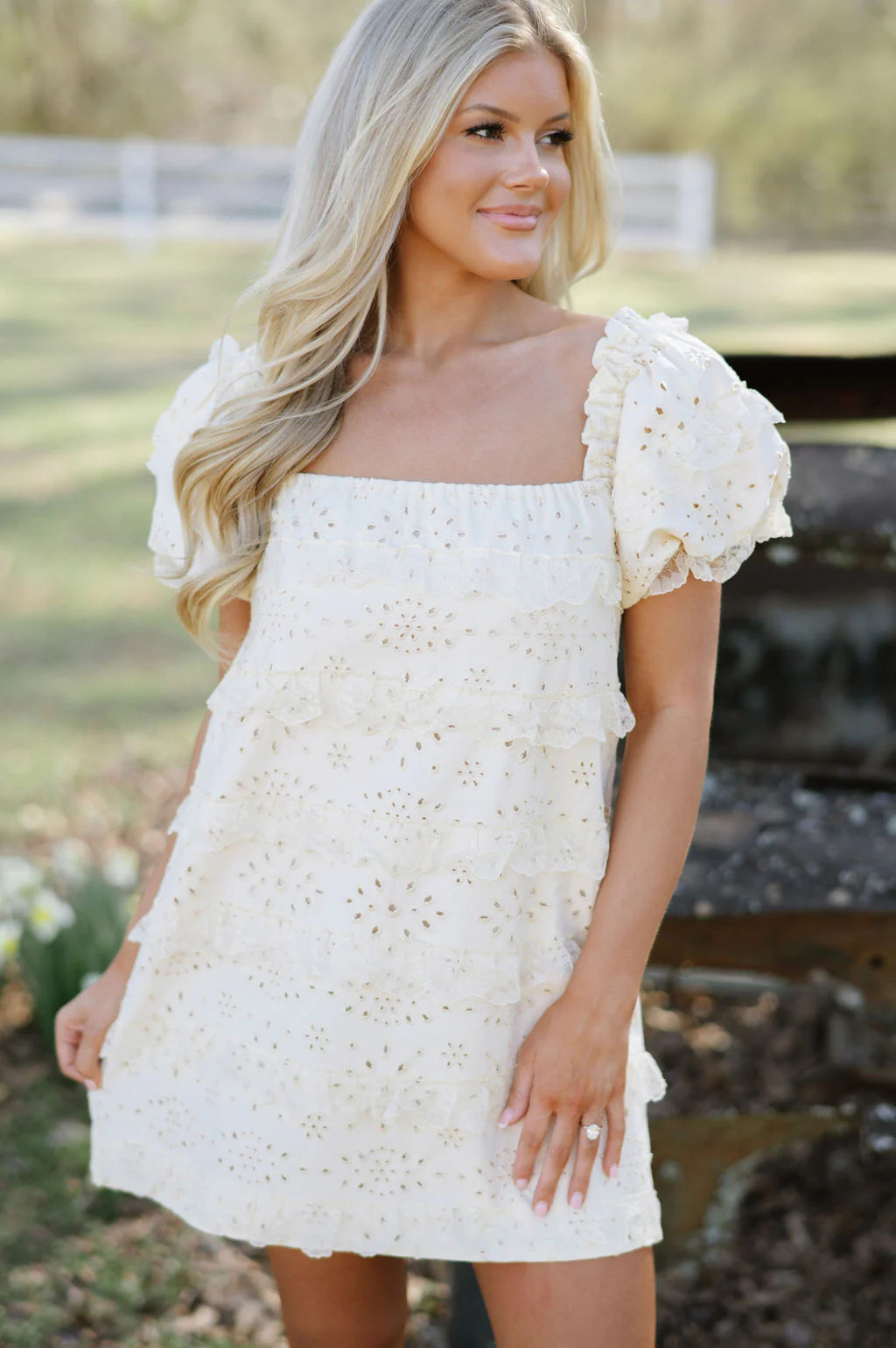 Eyelet Lace Twill Mini Dress-Natural | These Three