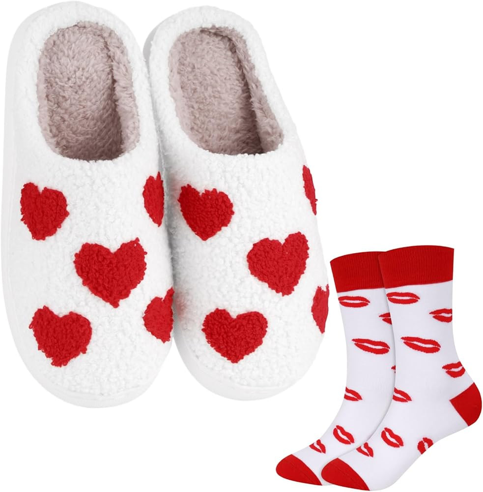Geyoga Valentines Slippers for Women Heart Slippers with Soft Warm Socks Winter Fuzzy Heart Holid... | Amazon (US)