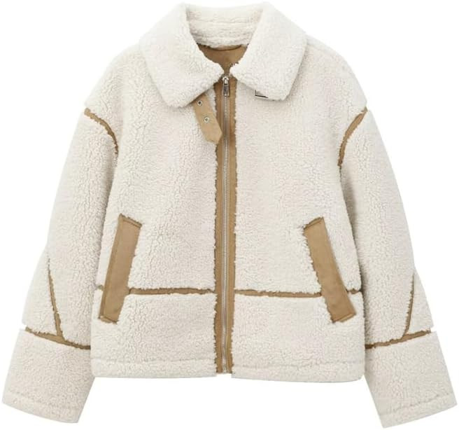 Minimalist Fleece Leather Patchwork Winter Jacket Coat Women Fashion Vintage Loose Overcoat Ladie... | Amazon (US)