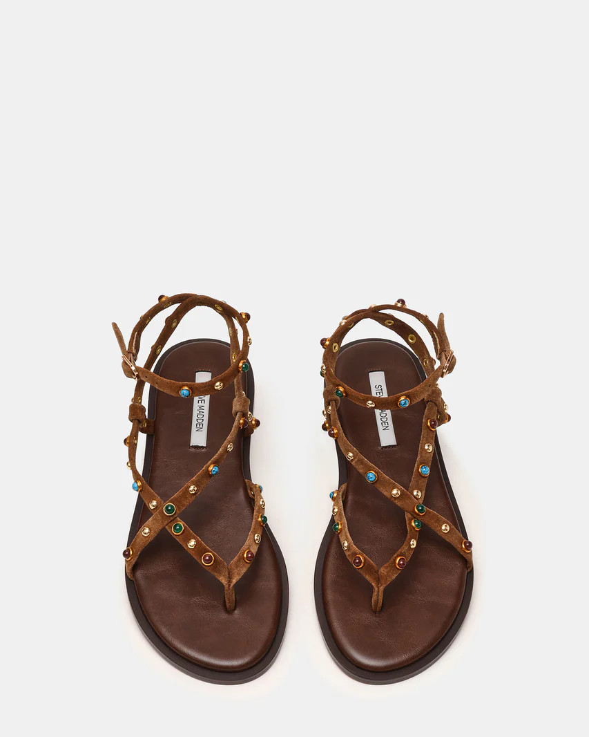 MATHIS Tan Suede Studded Embellished Strappy Thong Women's Sandal | Steve Madden (US)