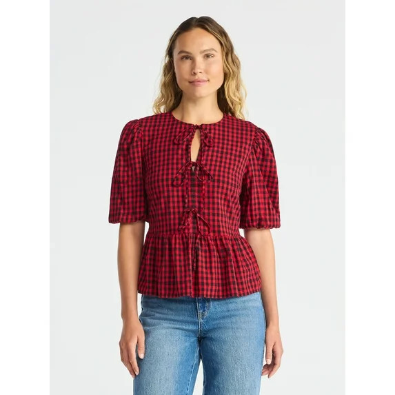 Time and Tru Women's Tie Front Peplum Top with Short Puff Sleeves, Size XS – XXXL | Walmart (US)