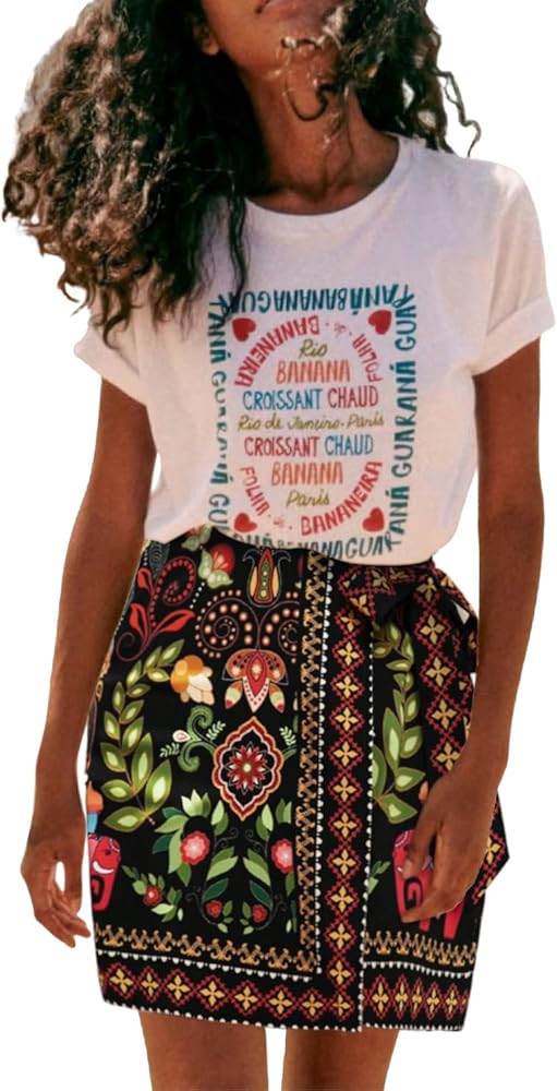 Womens Summer Floral Wrap Short Skirt Tie Side High Waist A Line Beach Vacation Boho Mini Skirt | Amazon (US)