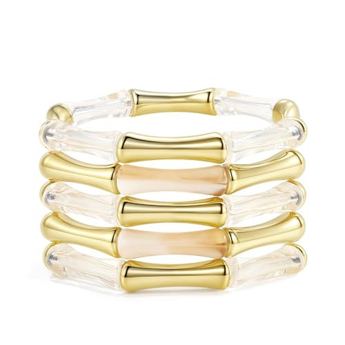 Gold Tube Bangle Bracelets for Women Stackable Bamboo Chunky Acrylic Beads Stretch Friendship Summer Beach Bracelet Jewelry（Colorful 02） | Amazon (US)
