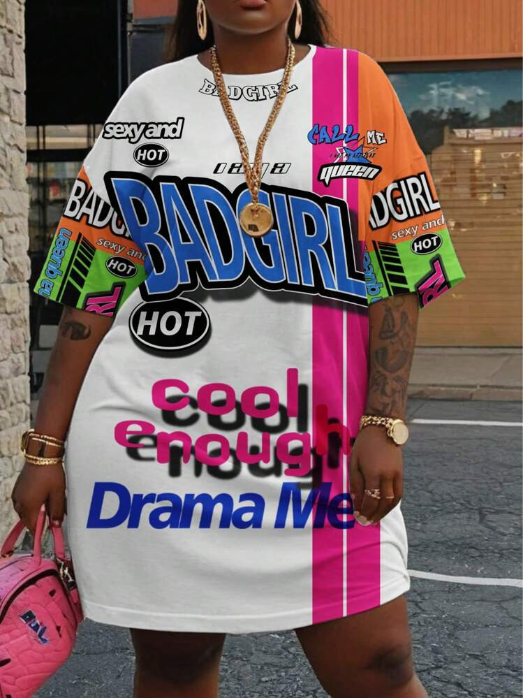 SHEIN Slayr Plus Size Casual Cartoon "BADGIRL" English Printed Dress, Summer | SHEIN