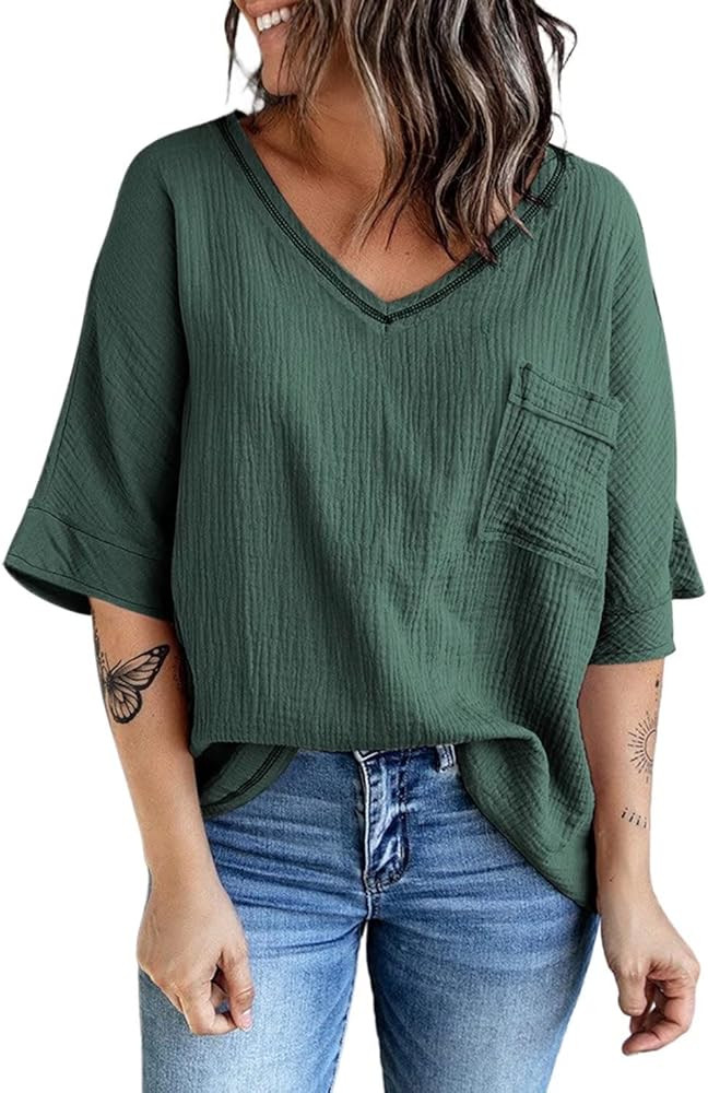 Dokotoo Womens 2022 Spring Summer 3/4 Sleeve V Neck Casual Loose Tunic Tops Blouses | Amazon (US)