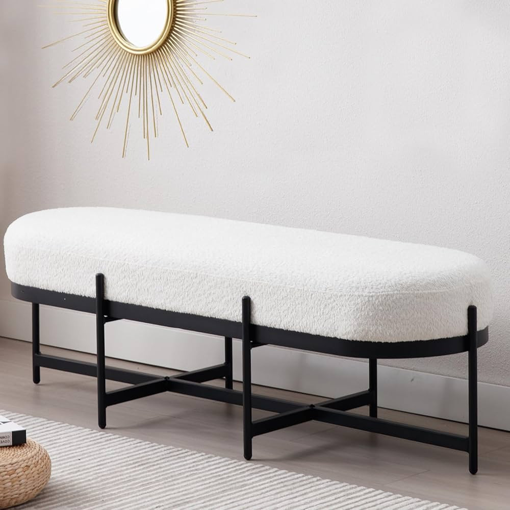 55" Modern End of Bed Bench, Sherpa Upholstered Entryway Bench with Black Metal Frame, Faux Fur O... | Amazon (US)