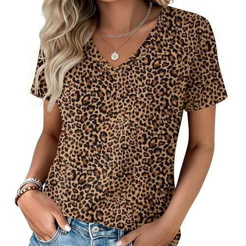 Zeagoo V-Neck Top Short Sleeve Shirts for Women Cute Cheetah Print Tee Dressy Casual Tunic Business Blouses M | Amazon (US)