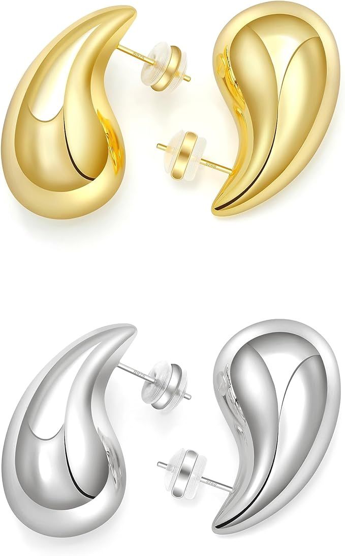 Chunky Gold Hoop Earrings for Women Lightweight Teardrop Dupes Earrings 925 Sterling Silver Post ... | Amazon (US)