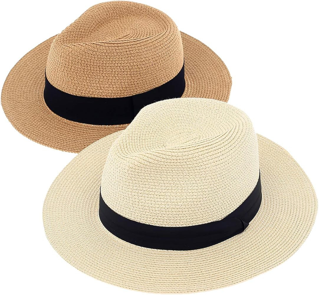 2-Pack Beach Hats for Women Summer Straw Sun Hats Women's Wide Brim Fedora Hat UV Protection Fash... | Amazon (US)