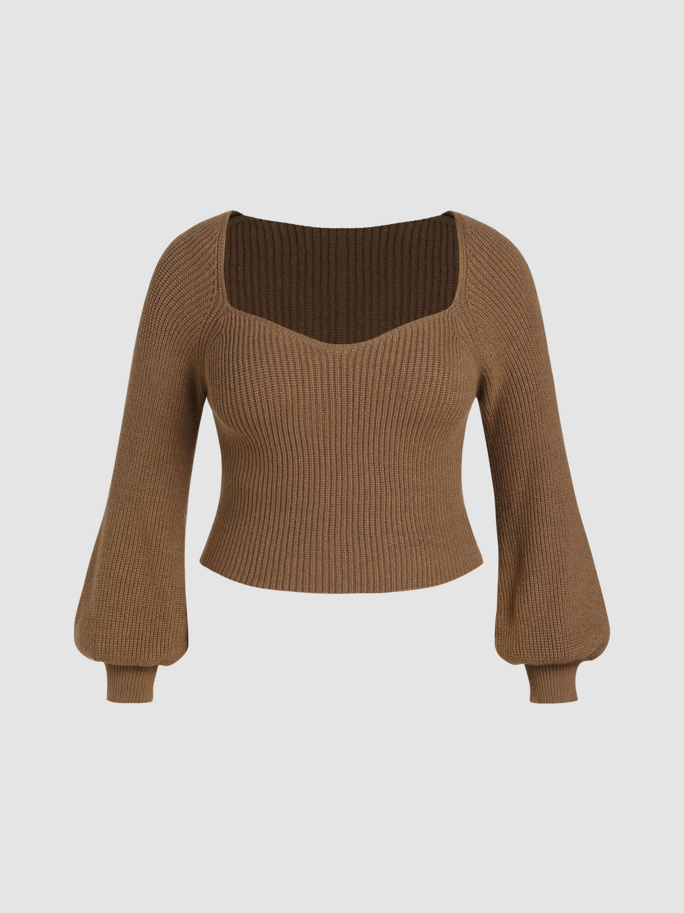 Knit V-neck Solid Lantern Sleeve Top Curve & Plus | Cider