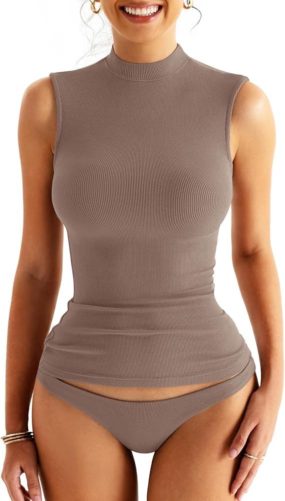 Women's Sleeveless Mock Turtle Neck Tops Fitted Ribbed Tank Top Basic Summer T Shirts 2024 | Amazon (US)